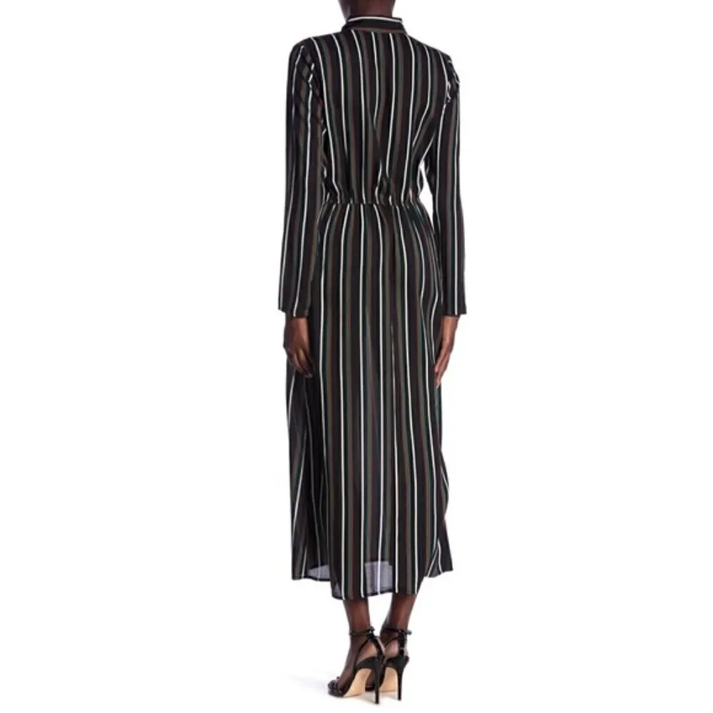 Abound Women's Size Large Button Front Maxi Dress Black Brown Spice Stripes Long
